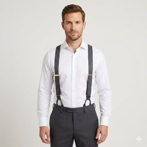 Vintage Blue w/ Geometric Pattern Elastic Button Braces Suspenders - O/S